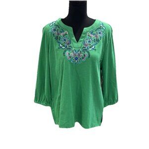 NWT Allison Daley Green 3/4 Sleeve Embroidered Top Size PM
